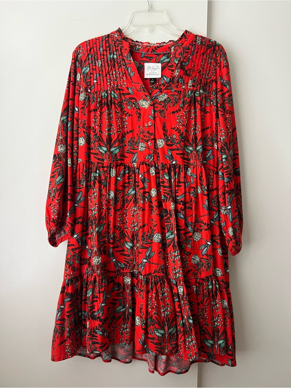 Anthropologie Red Floral Tiered Button-Front Mini Dress